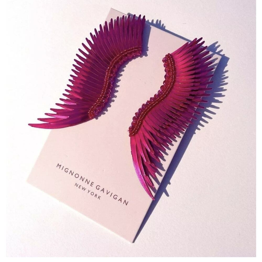 Mignonne Gavigan Madeline Large Wing Earrings Metallic Hot Pink RARE MSRP $250